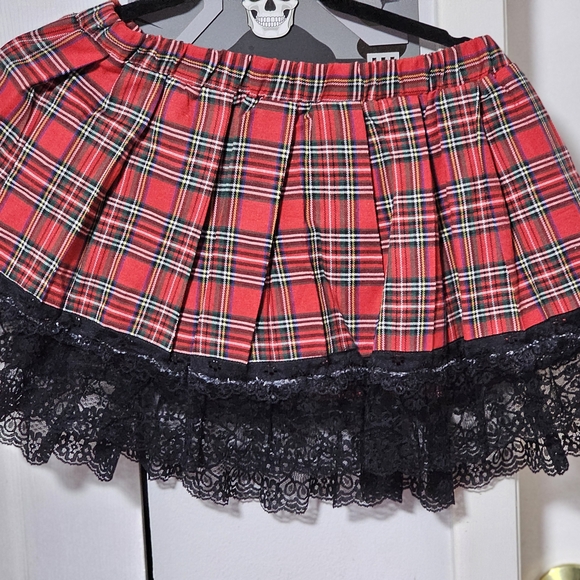 Hot Topic Red and Black Plaid Mini Skirt with Lace - Picture 2 of 4